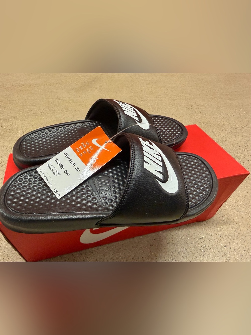 NWB Nike Benassi JDI  Black Slide Sandals with White Logo Size 6